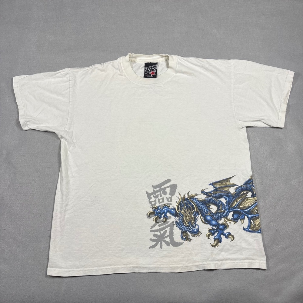 Top Heavy Vintage Dragon Graphic T-Shirt White Large Blue Gold Kanji Y2K Grunge